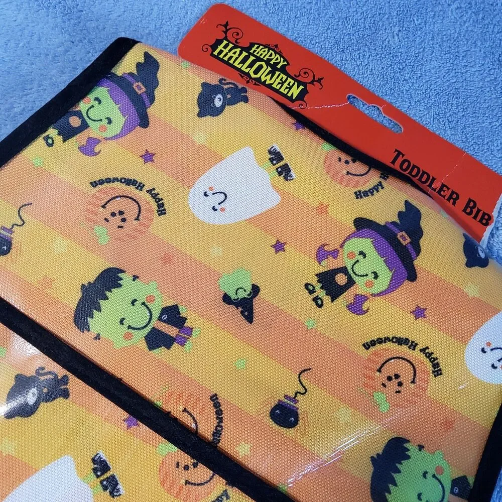Happy Halloween Toddler Bib NIP Waterproof Pocket Witch Ghost Frankenstein 2012